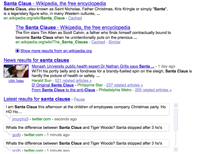 Real time search results for Santa Claus